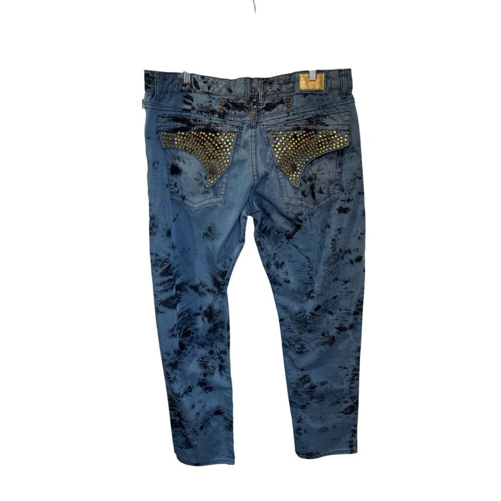 Robins Jean Tie-Dye Slim Fit Denim Jeans Blue Black Studded Back Pockets size 40 - Picture 6 of 11